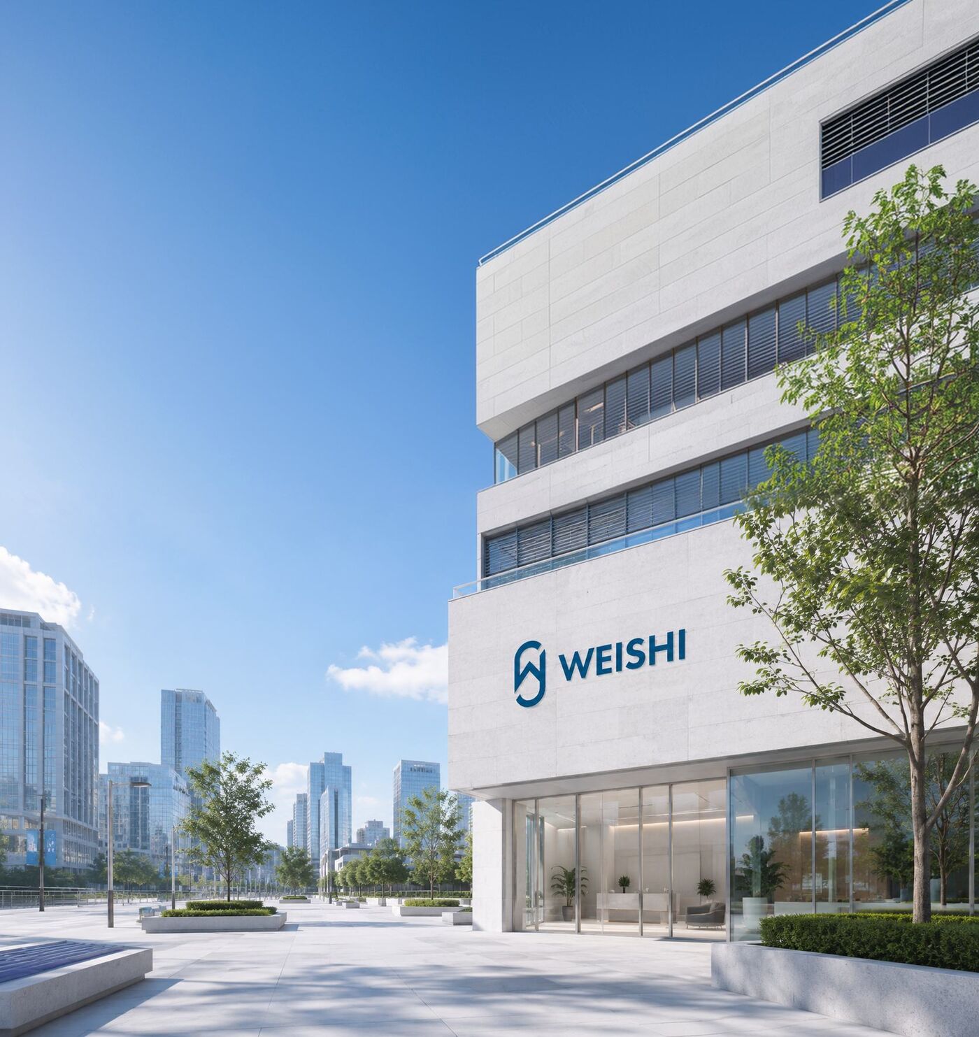 WEISHI 로고가 걸린 건물 외관
